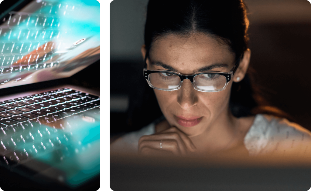 lit computer opening and woman looking thoughtfully at screen